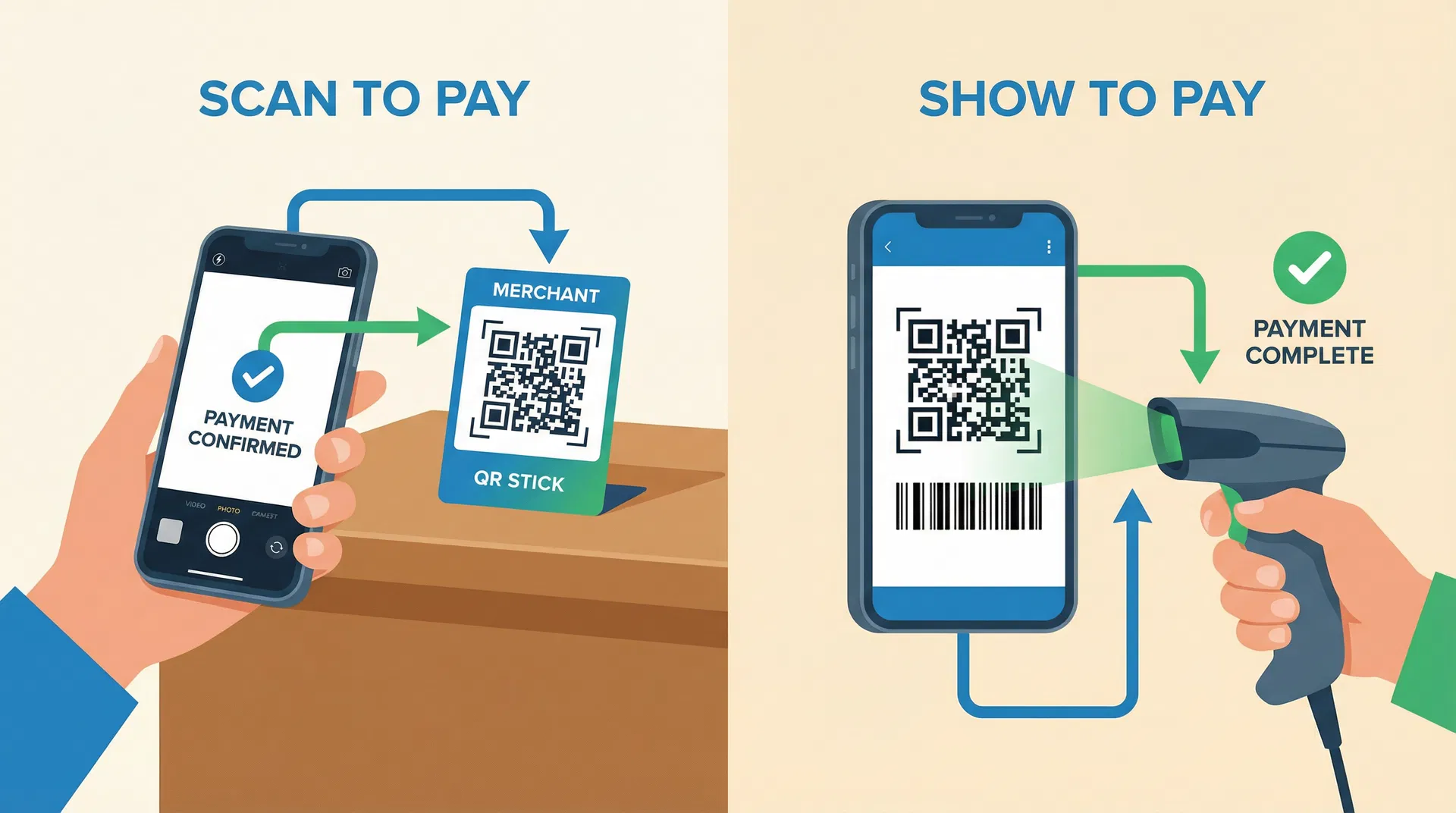 Two methods of QR code payment: Scan to Pay and Show to Pay